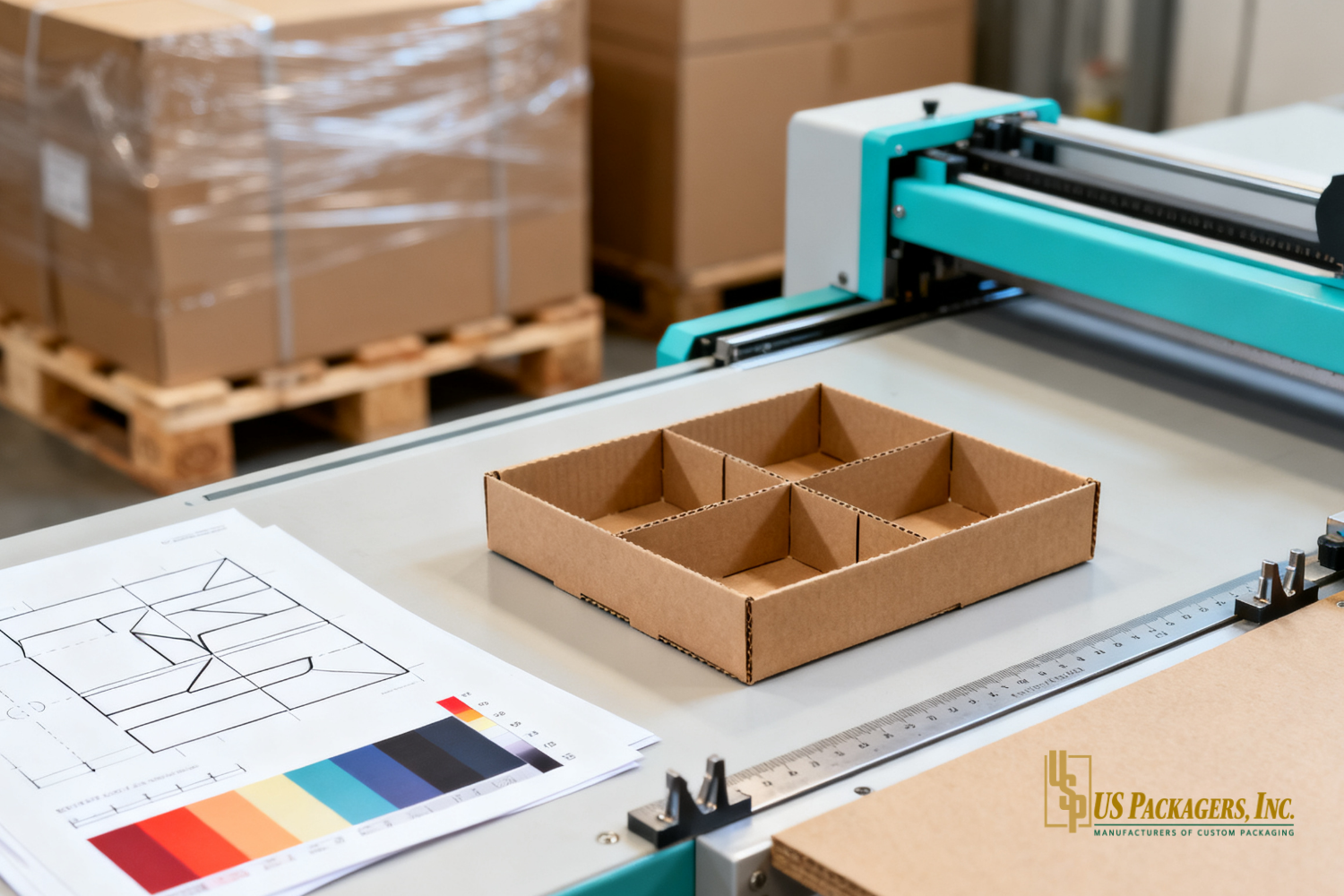 Shelf-ready tray and printed cartons on a workbench with dielines, color proof, cutting dies, and a pallet of shippers in the background.