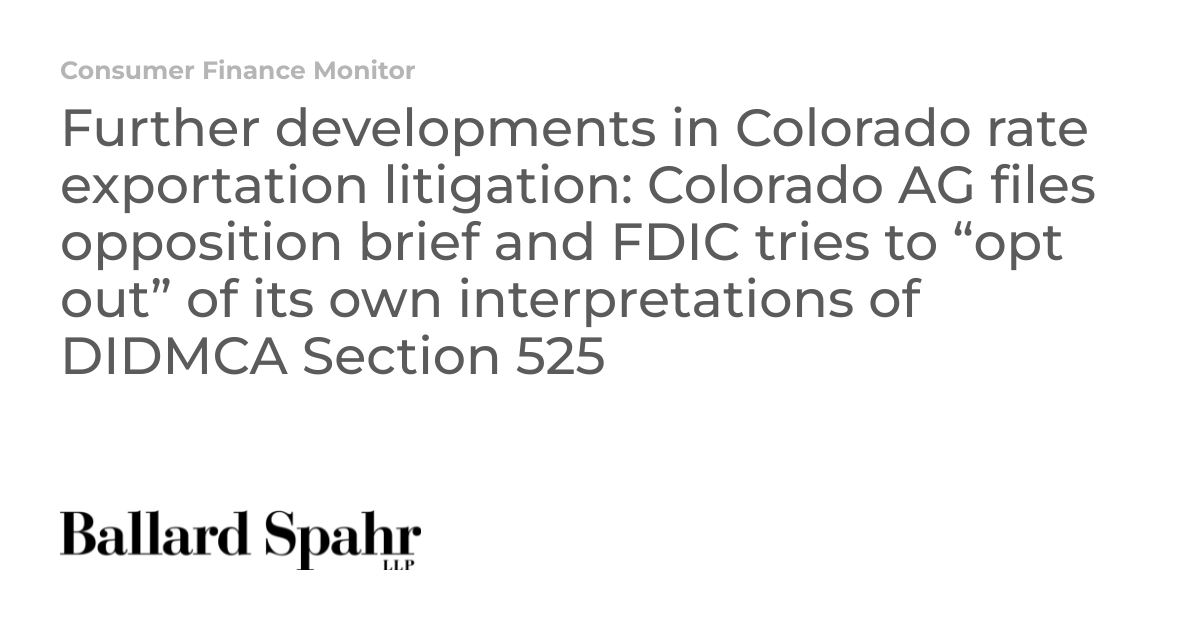 Further developments in Colorado rate exportation litigation: Colorado ...
